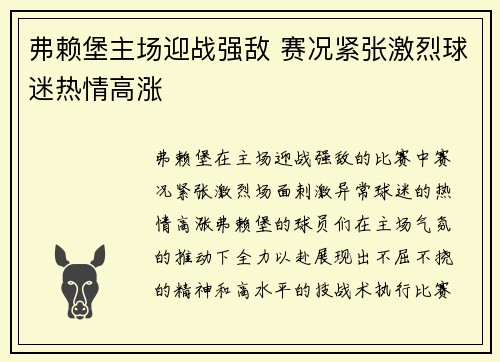 弗赖堡主场迎战强敌 赛况紧张激烈球迷热情高涨