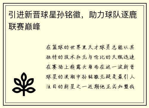 引进新晋球星孙铭徽，助力球队逐鹿联赛巅峰
