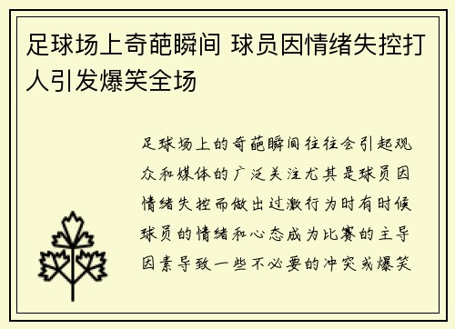 足球场上奇葩瞬间 球员因情绪失控打人引发爆笑全场
