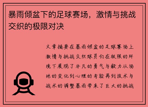 暴雨倾盆下的足球赛场，激情与挑战交织的极限对决