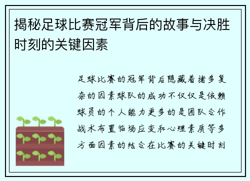 揭秘足球比赛冠军背后的故事与决胜时刻的关键因素