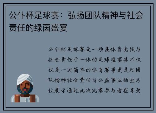 公仆杯足球赛：弘扬团队精神与社会责任的绿茵盛宴