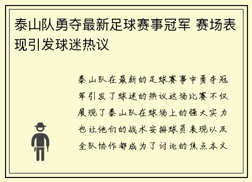 泰山队勇夺最新足球赛事冠军 赛场表现引发球迷热议