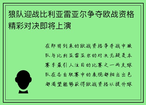 狼队迎战比利亚雷亚尔争夺欧战资格精彩对决即将上演