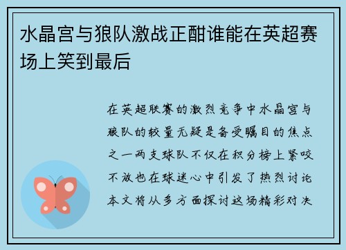 水晶宫与狼队激战正酣谁能在英超赛场上笑到最后