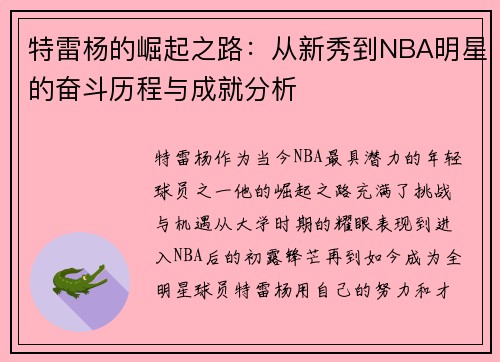 特雷杨的崛起之路：从新秀到NBA明星的奋斗历程与成就分析