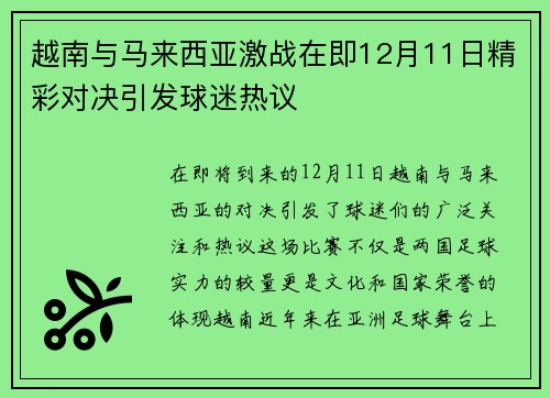 越南与马来西亚激战在即12月11日精彩对决引发球迷热议