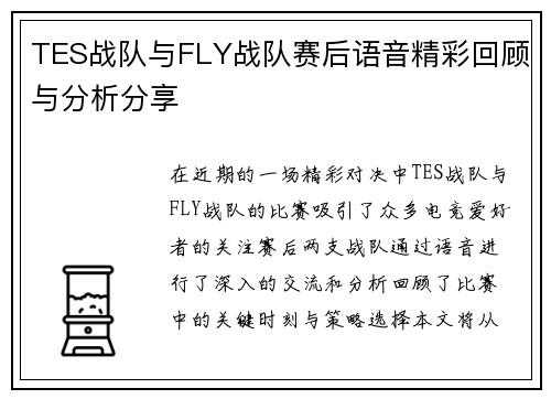 TES战队与FLY战队赛后语音精彩回顾与分析分享