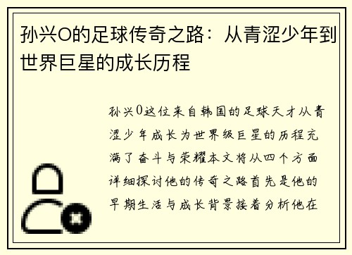 孙兴O的足球传奇之路：从青涩少年到世界巨星的成长历程