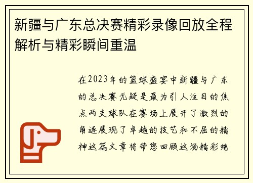 新疆与广东总决赛精彩录像回放全程解析与精彩瞬间重温