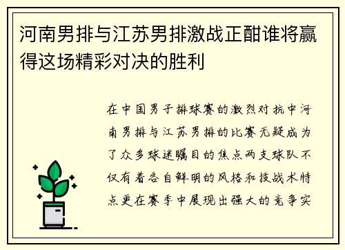 河南男排与江苏男排激战正酣谁将赢得这场精彩对决的胜利