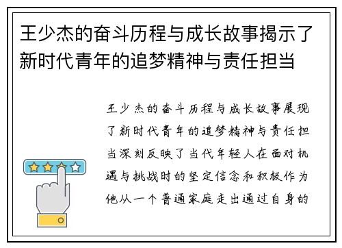 王少杰的奋斗历程与成长故事揭示了新时代青年的追梦精神与责任担当