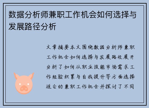 数据分析师兼职工作机会如何选择与发展路径分析