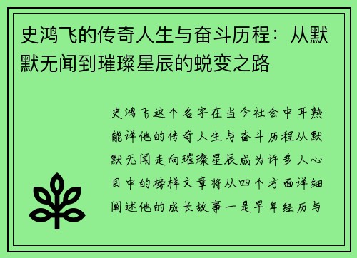 史鸿飞的传奇人生与奋斗历程：从默默无闻到璀璨星辰的蜕变之路